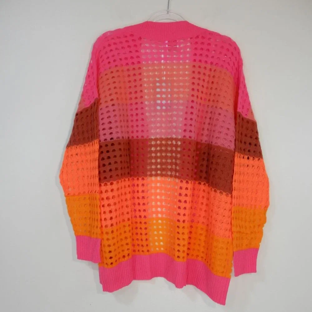 BRODIE CASHMERE Sunset Pointelle Knit Stripe CARDIGAN M L Neon Pink NEW $398 - Picture 8 of 11